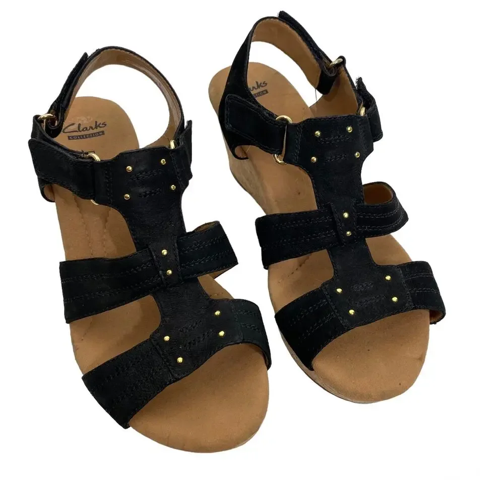Clarks Annadel Orchid Wedge Sandals Cork Studded Heeled Black Suede 9M